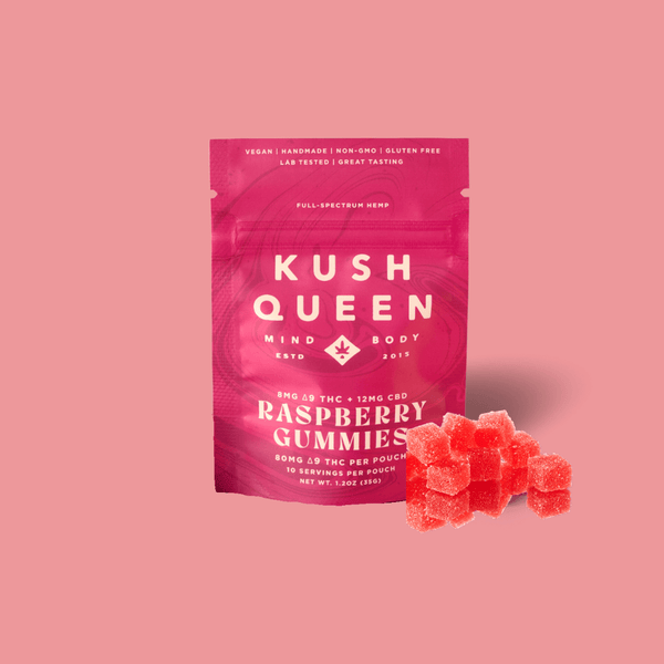 Kush Queen Ingestibles Raspberry Delta 9 THC + CBD Gummies